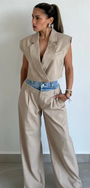 Bossy Lady Beige & Denim Blazer Two-Piece Set