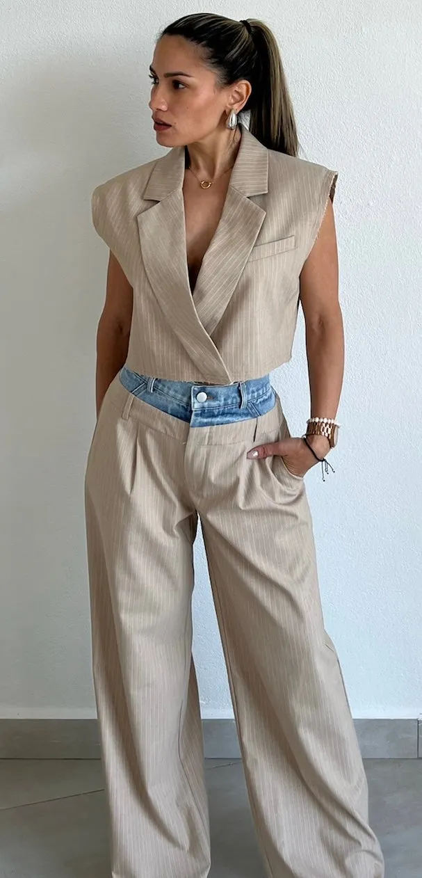 Bossy Lady Beige & Denim Blazer Two-Piece Set