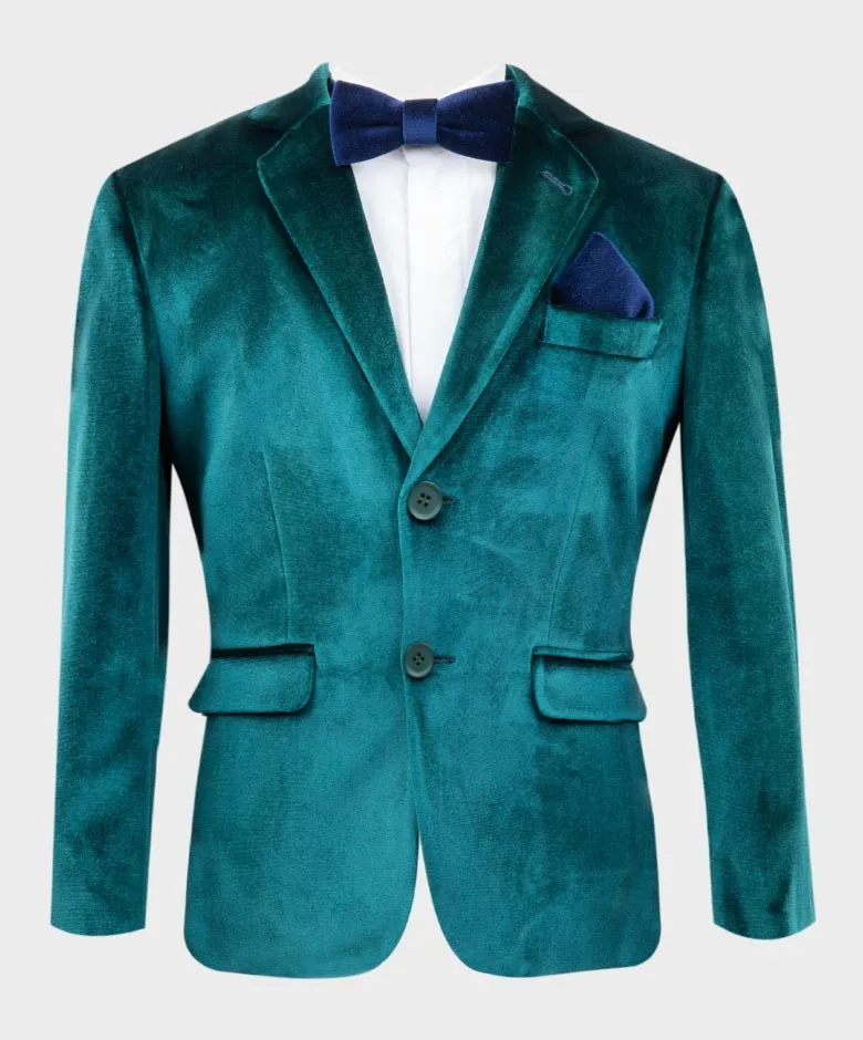 Boys Tailored Fit Velvet Blazer with Elbow Patches - Green