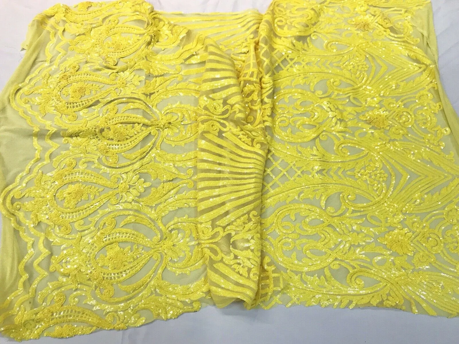 Bright yellow damask sequin design on a 4 way stretch mesh-dresses-prom-nightgown-sold by the yard-free shipping in the USA-