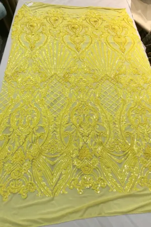 Bright yellow damask sequin design on a 4 way stretch mesh-dresses-prom-nightgown-sold by the yard-free shipping in the USA-