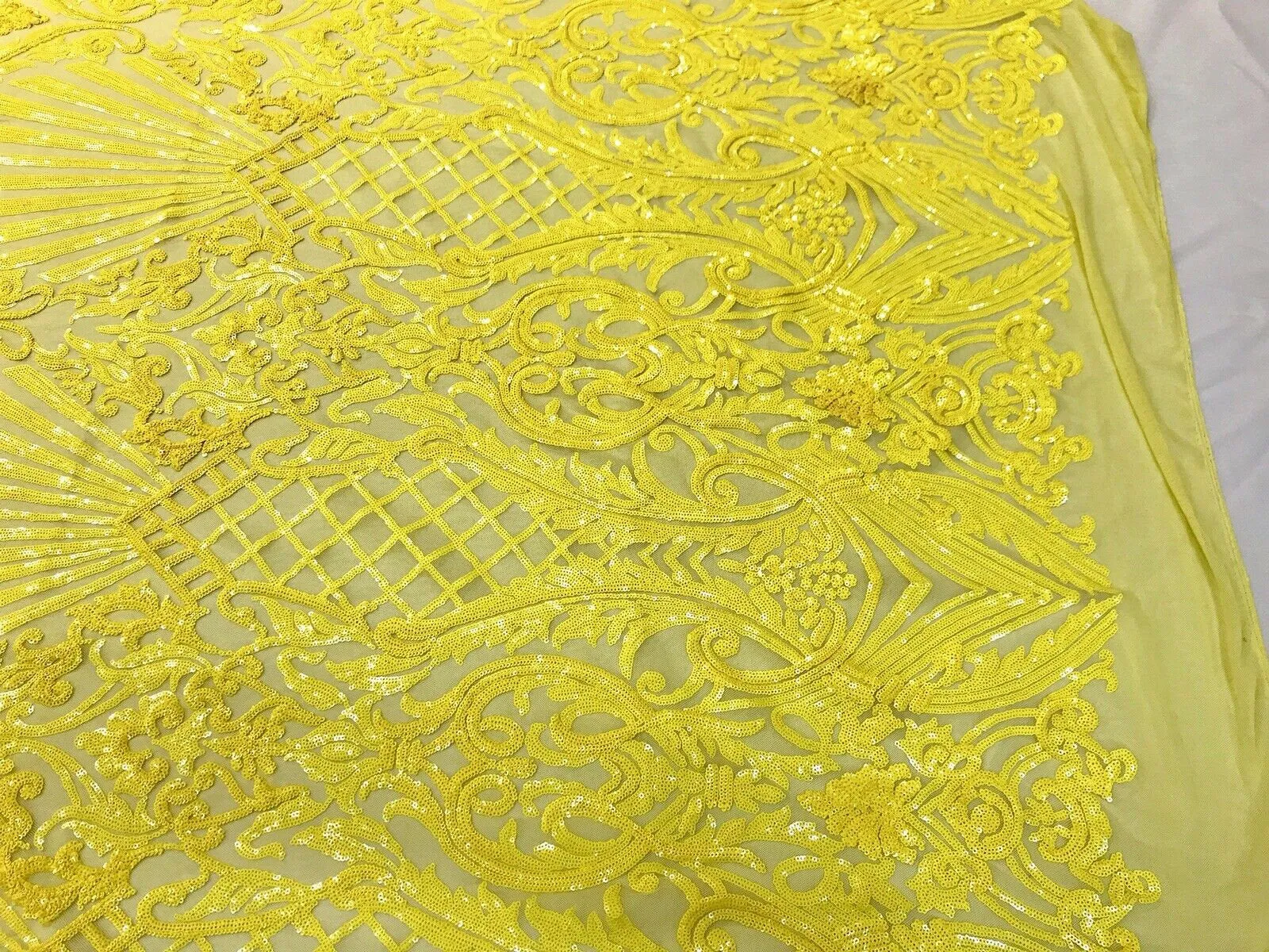 Bright yellow damask sequin design on a 4 way stretch mesh-dresses-prom-nightgown-sold by the yard-free shipping in the USA-