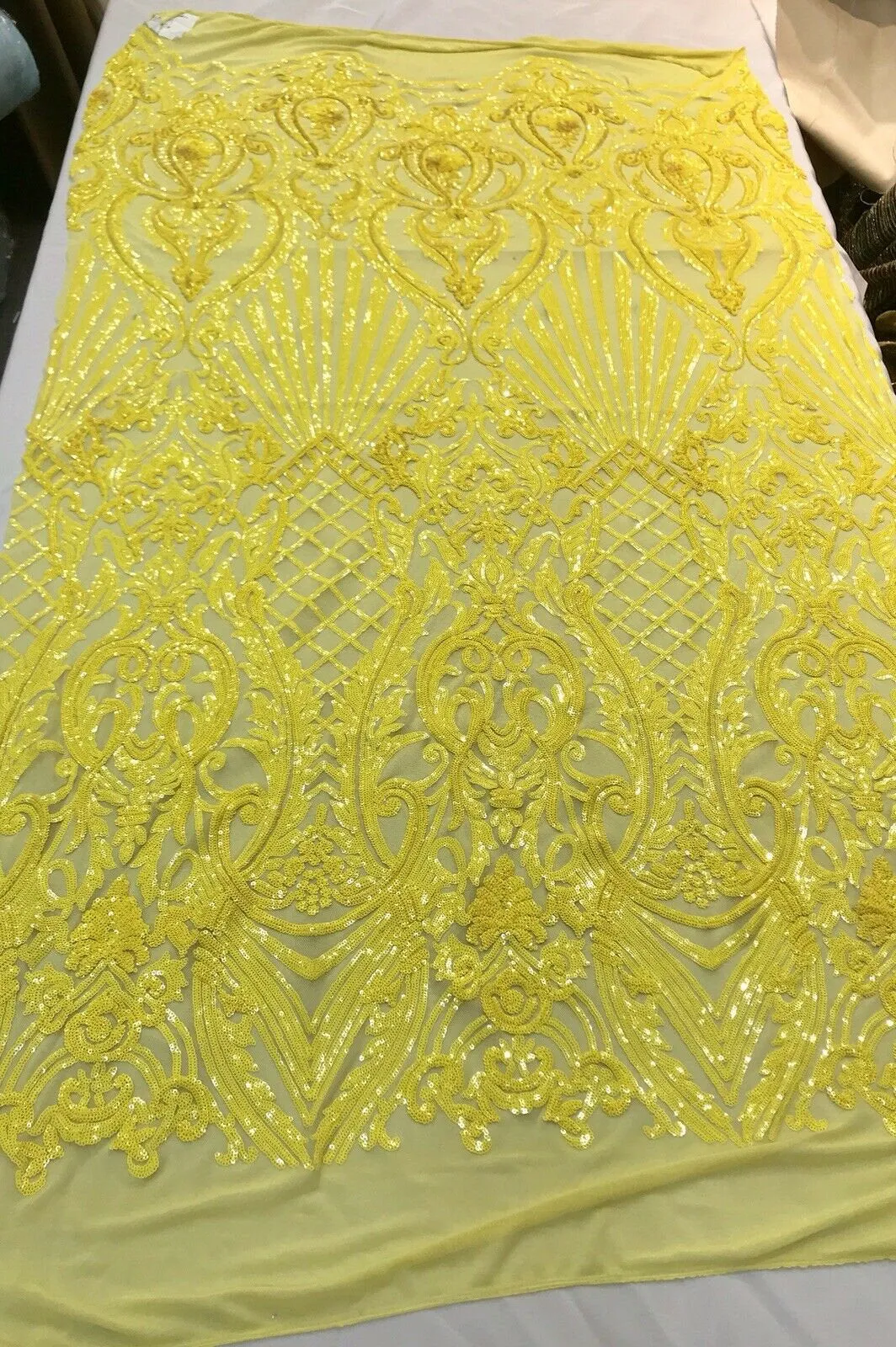 Bright yellow damask sequin design on a 4 way stretch mesh-dresses-prom-nightgown-sold by the yard-free shipping in the USA-