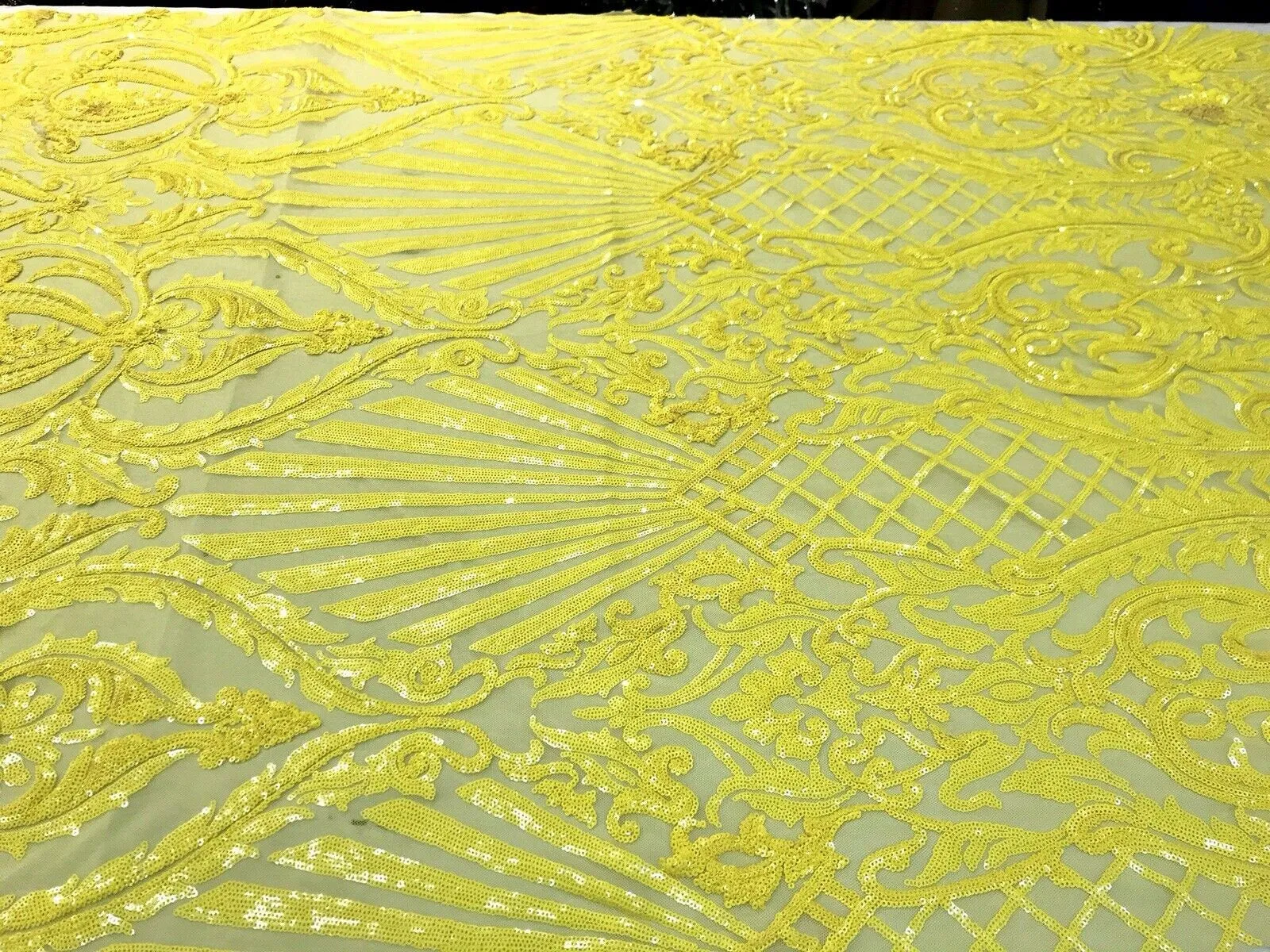 Bright yellow damask sequin design on a 4 way stretch mesh-dresses-prom-nightgown-sold by the yard-free shipping in the USA-