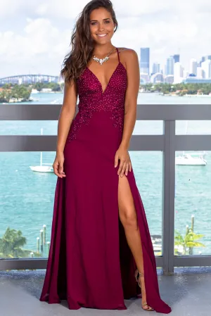 Burgundy Rhinestone Embroidered Top Maxi Dress