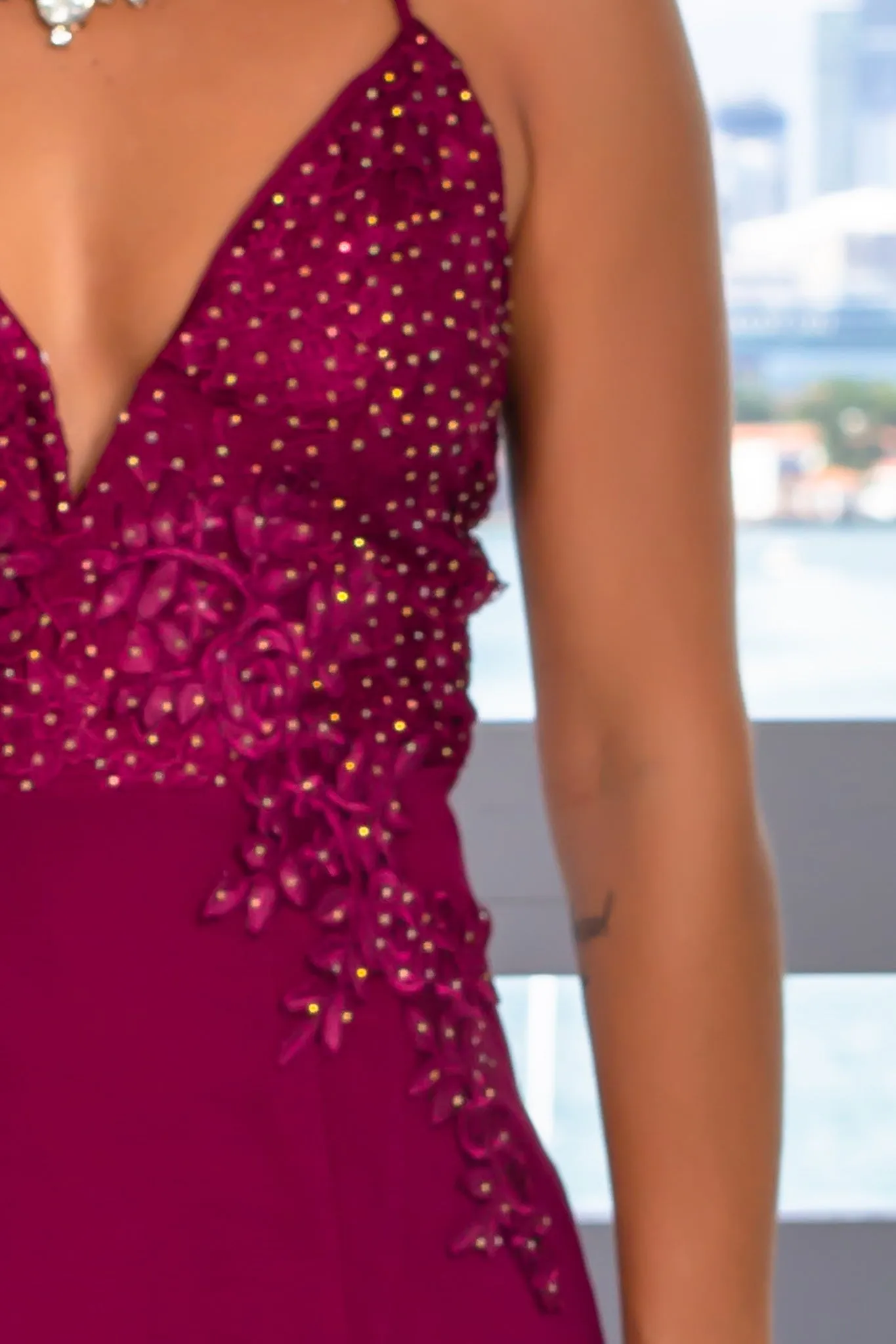 Burgundy Rhinestone Embroidered Top Maxi Dress