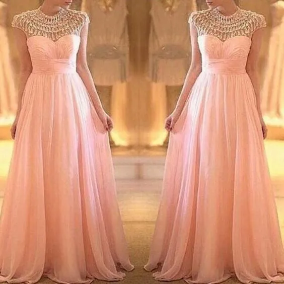 cap sleeve pink prom dresses long beaded a line chiffon cheap senior formal dress prom gown