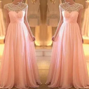 cap sleeve pink prom dresses long beaded a line chiffon cheap senior formal dress prom gown