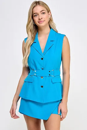 Cerulean Blue Blazer Vest and Mini Skort Set with Belt