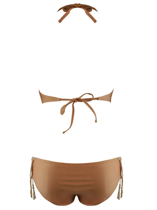 Champagne Halter Shiny Tassel Two Piece Beach Bikini Set