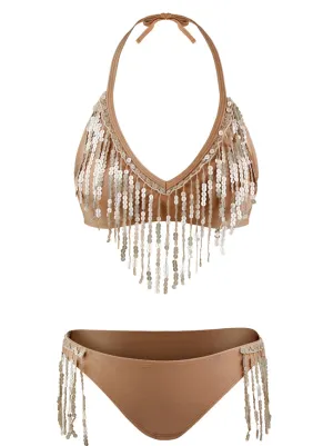 Champagne Halter Shiny Tassel Two Piece Beach Bikini Set