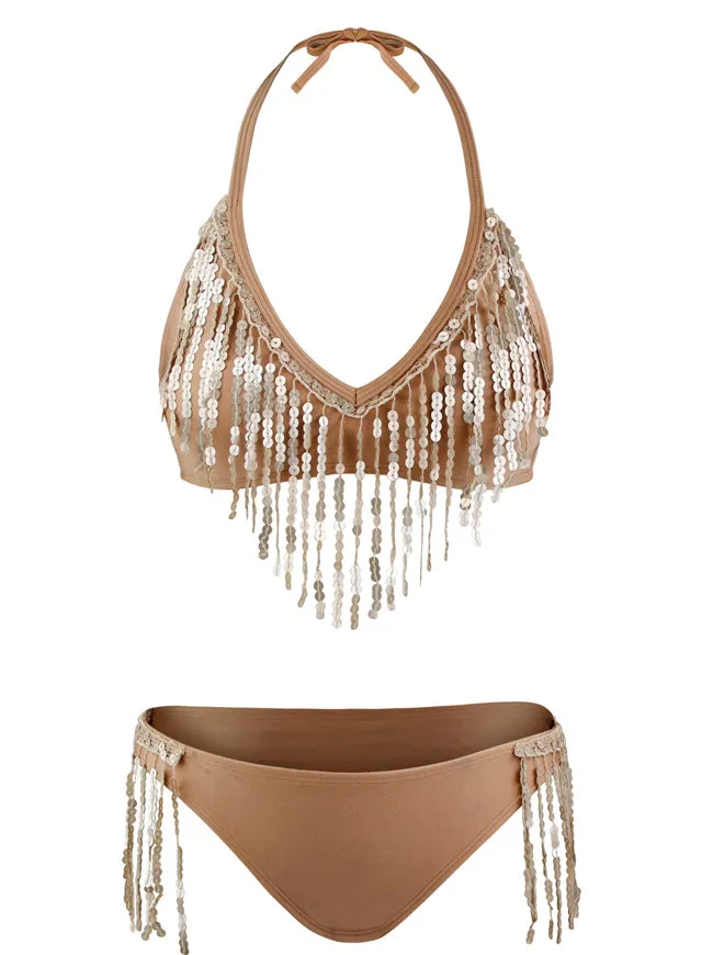 Champagne Halter Shiny Tassel Two Piece Beach Bikini Set