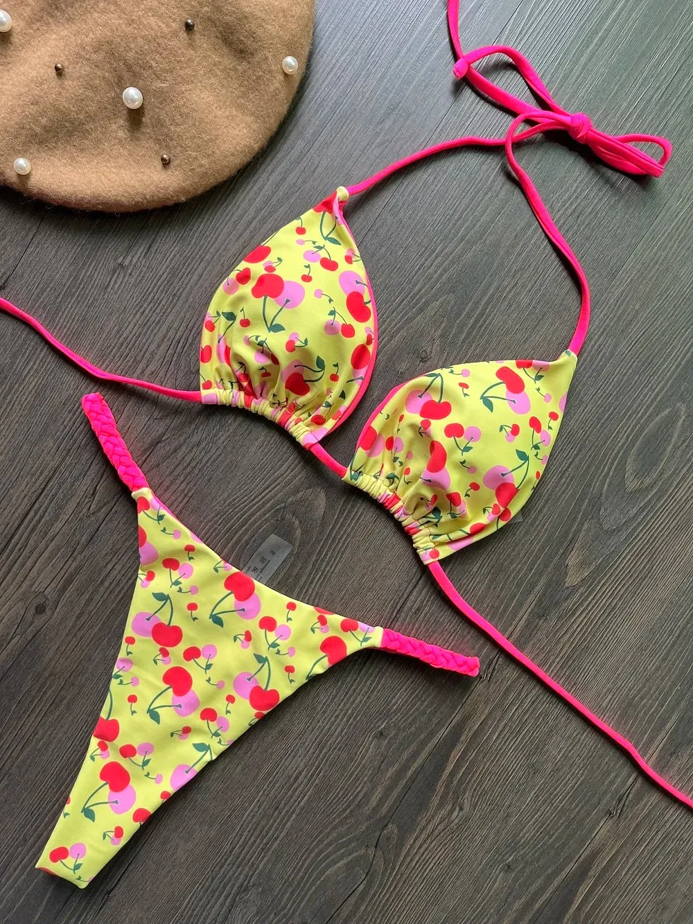 Cherry Print Micro Bikini 2-Piece Neon Swimsuit