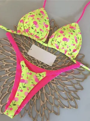 Cherry Print Micro Bikini 2-Piece Neon Swimsuit