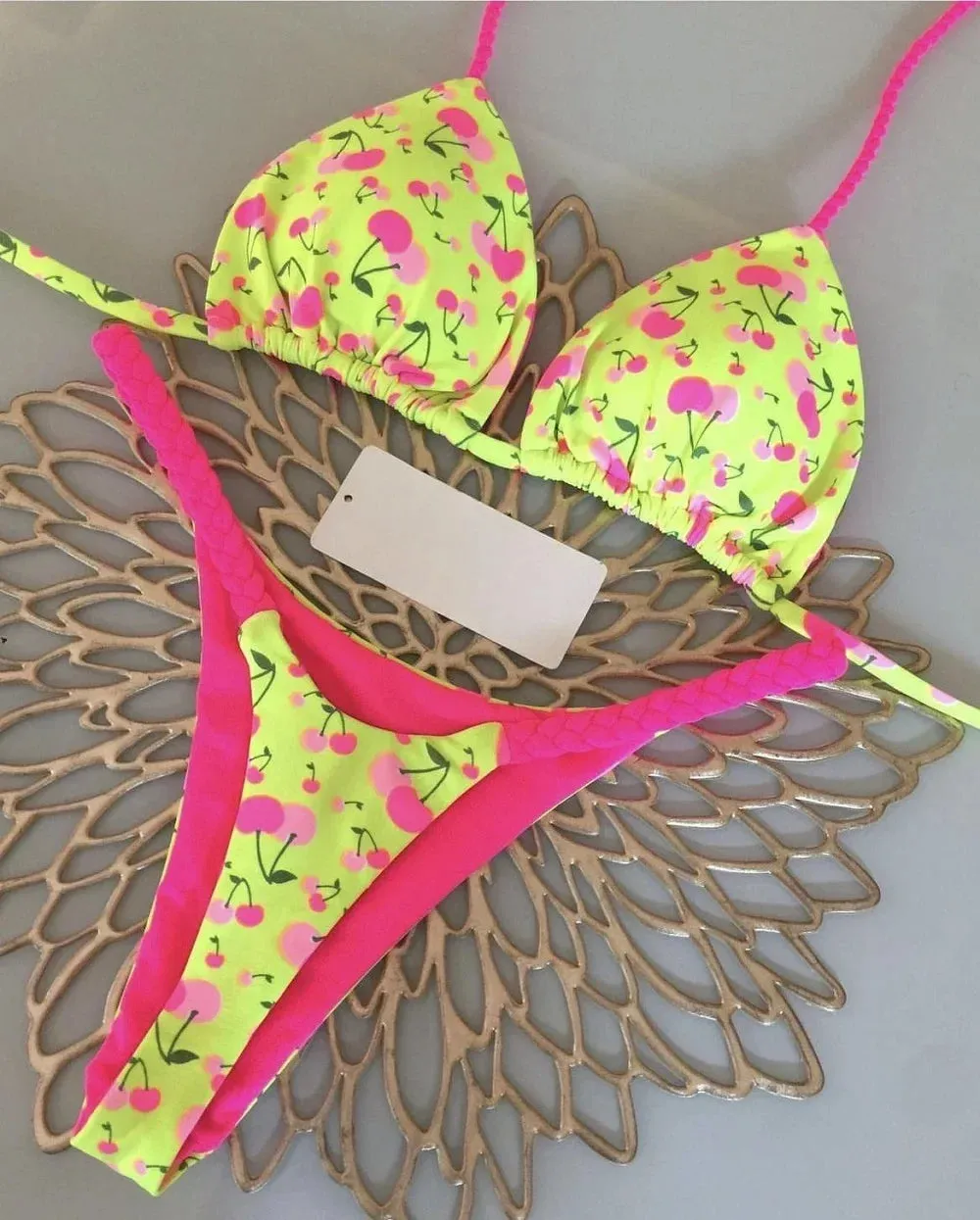 Cherry Print Micro Bikini 2-Piece Neon Swimsuit