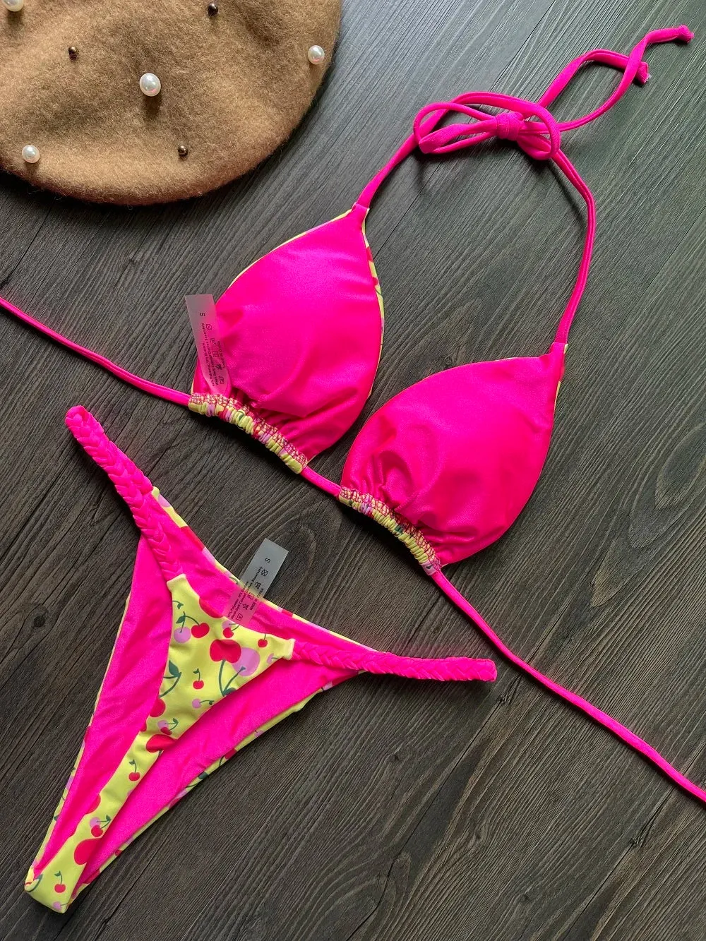 Cherry Print Micro Bikini 2-Piece Neon Swimsuit