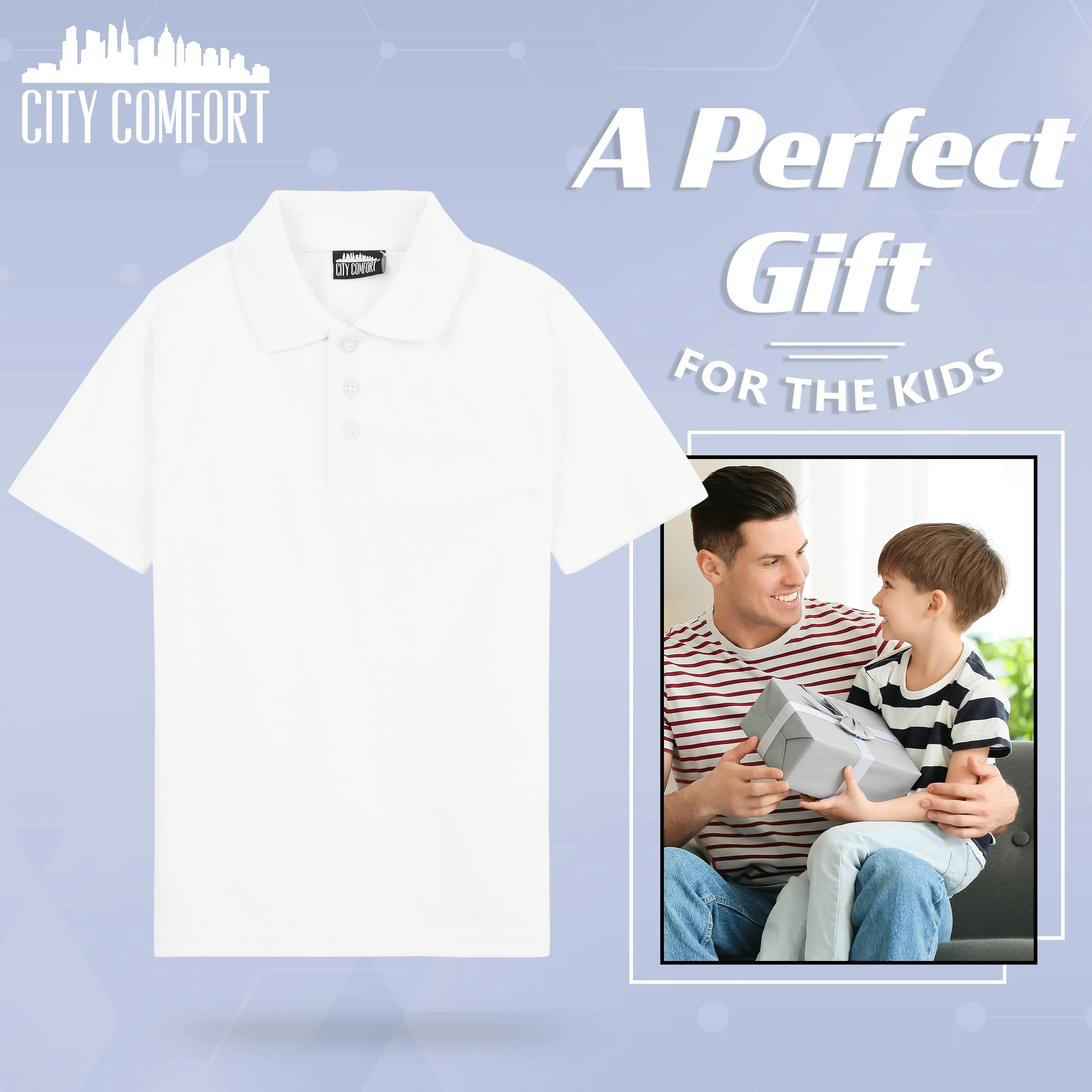 CityComfort White Polo Shirt Boys and Girls, Plain Short Sleeve T Shirt