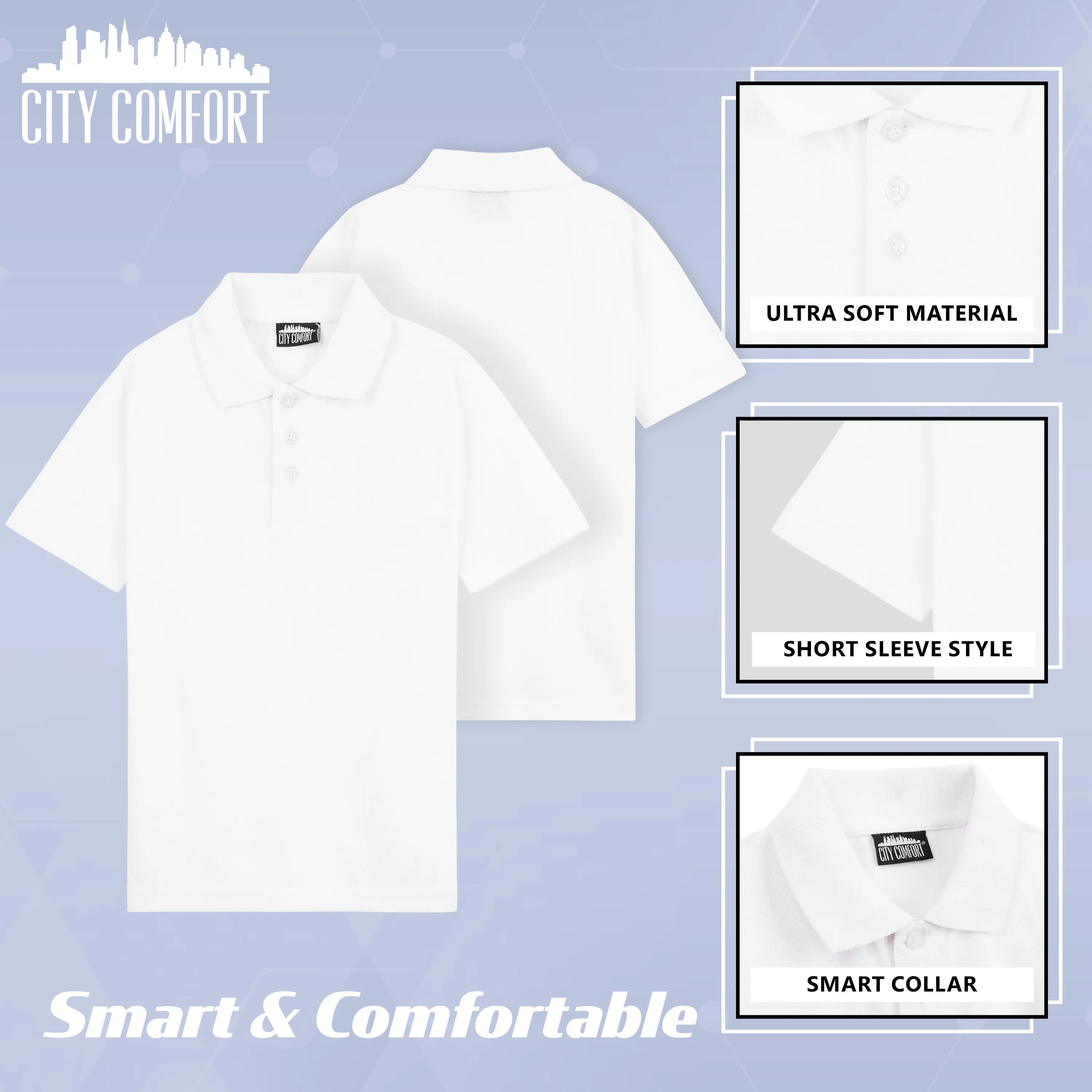 CityComfort White Polo Shirt Boys and Girls, Plain Short Sleeve T Shirt