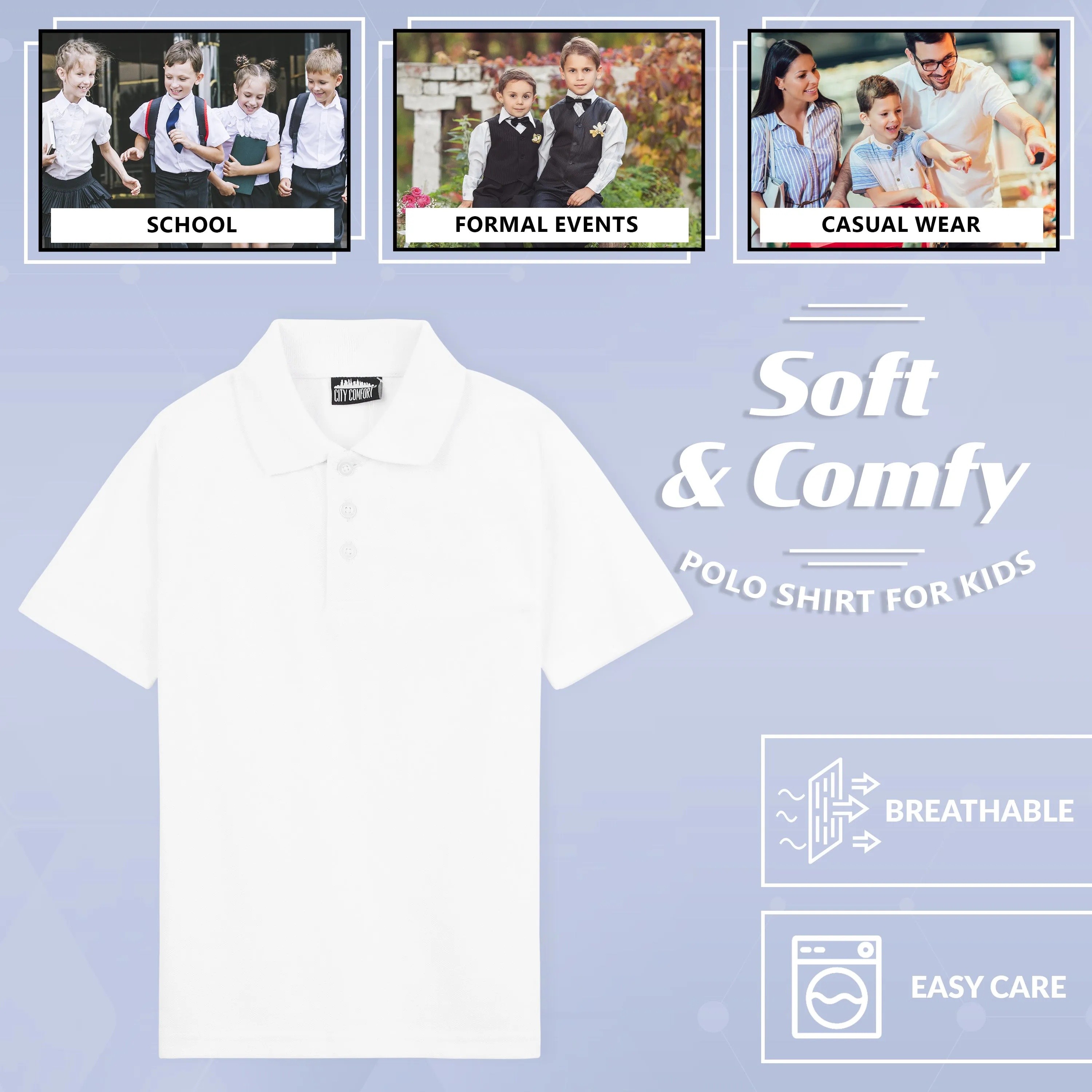 CityComfort White Polo Shirt Boys and Girls, Plain Short Sleeve T Shirt