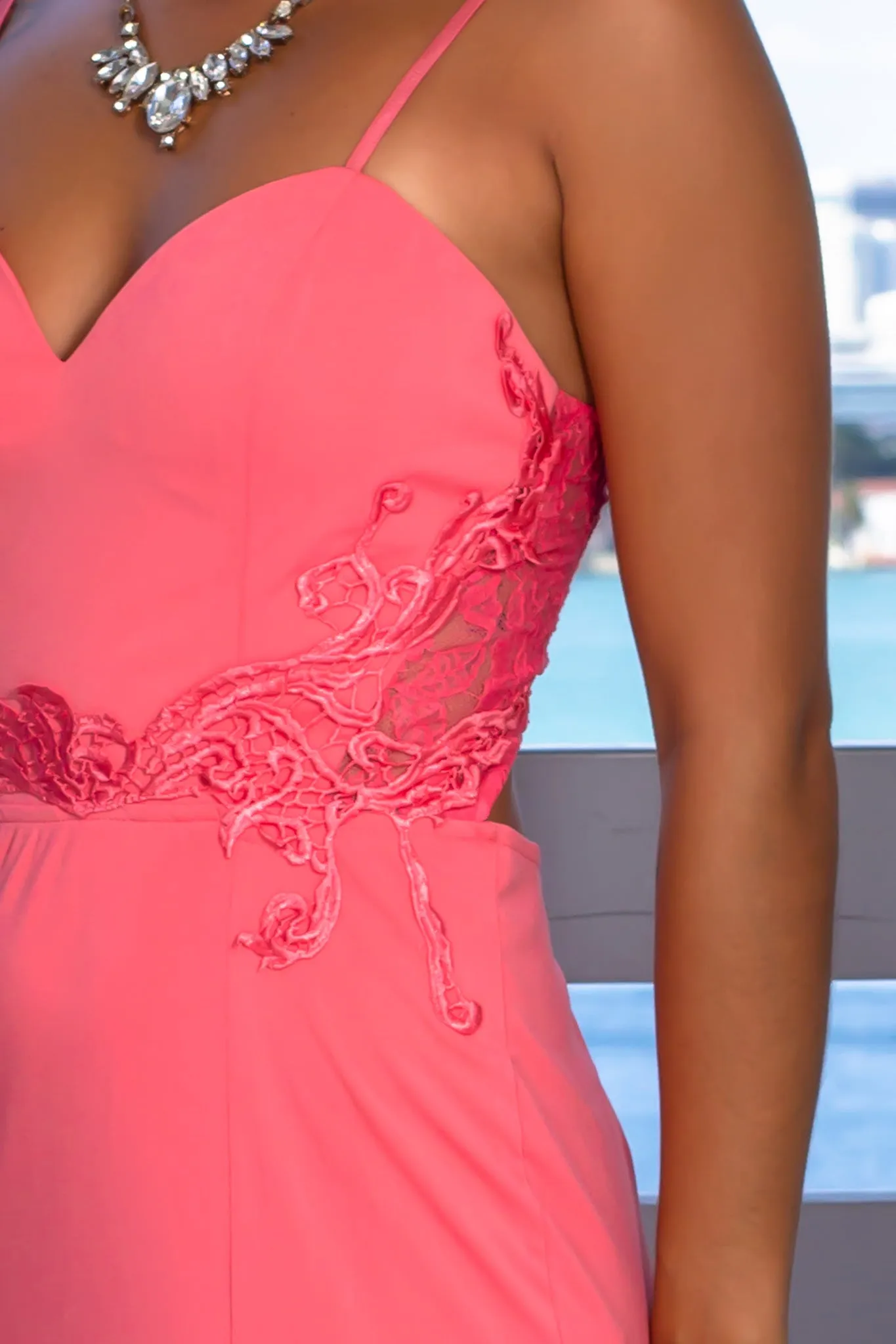 Coral Strapless Maxi Dress with Embroidered Details