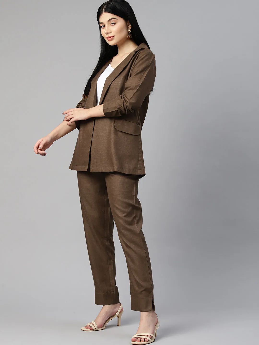 Cottinfab Women Solid Blazers & Trousers Co-ord Set
