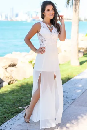 Cream Maxi Dress with Embroidered Top and Slit