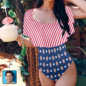 Custom Face American Flag Style Women's Ruffle One Piece Off Shoulder Swimsuit Flounce High Cut Bathing Suit Slimming