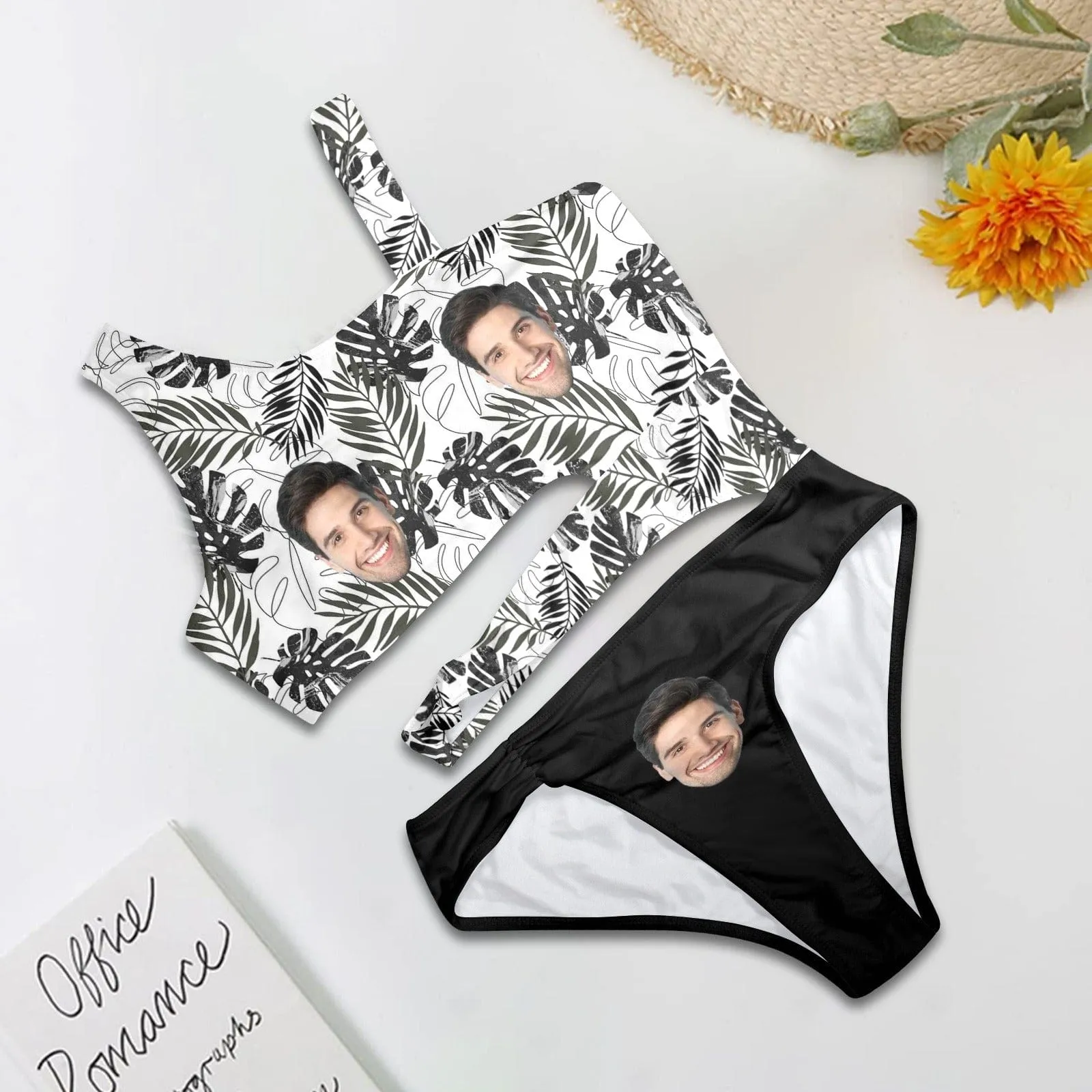 Custom Face Black Leaves Women's Waist Cutout One Piece Swimsuit Personalized Photo Bathing Suit