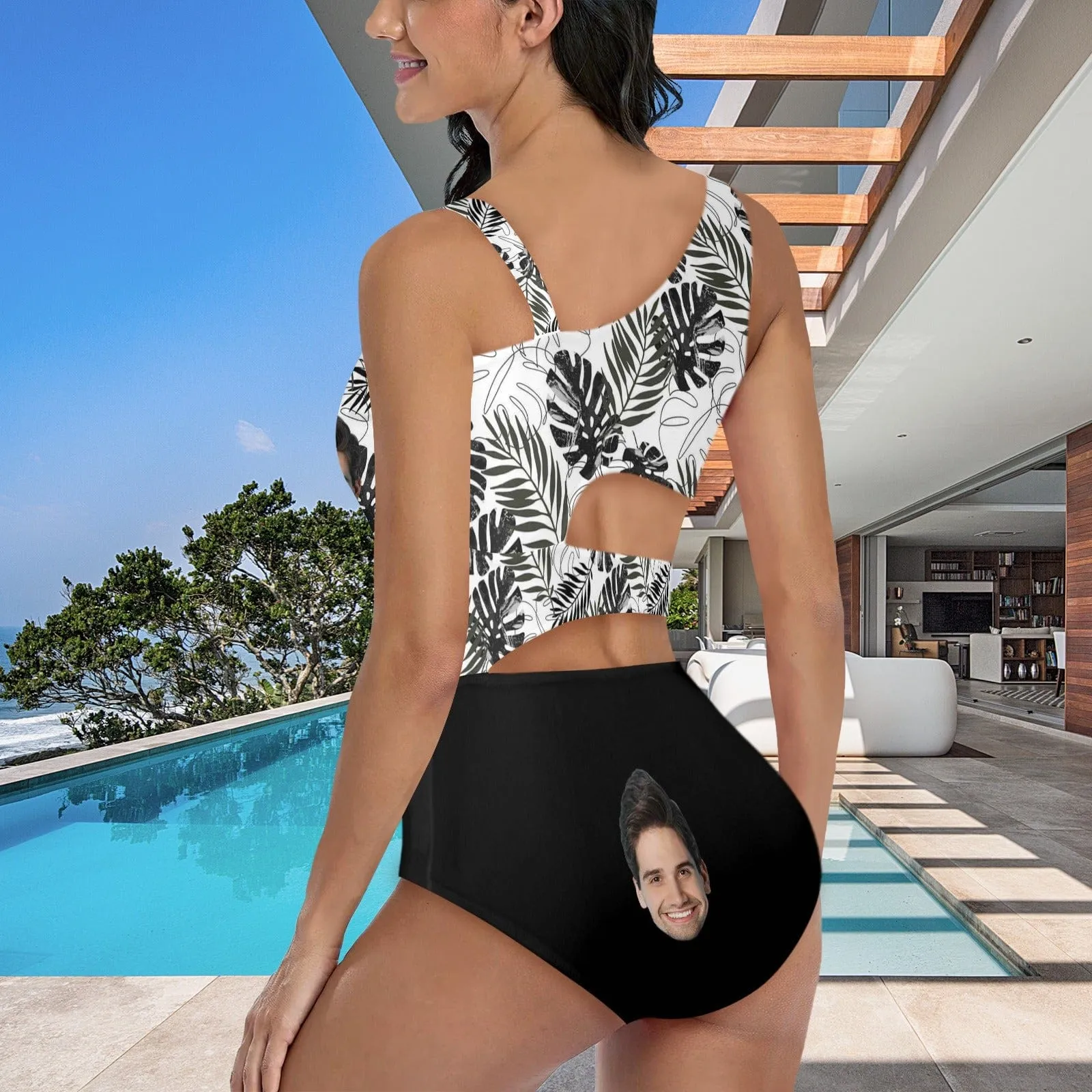 Custom Face Black Leaves Women's Waist Cutout One Piece Swimsuit Personalized Photo Bathing Suit
