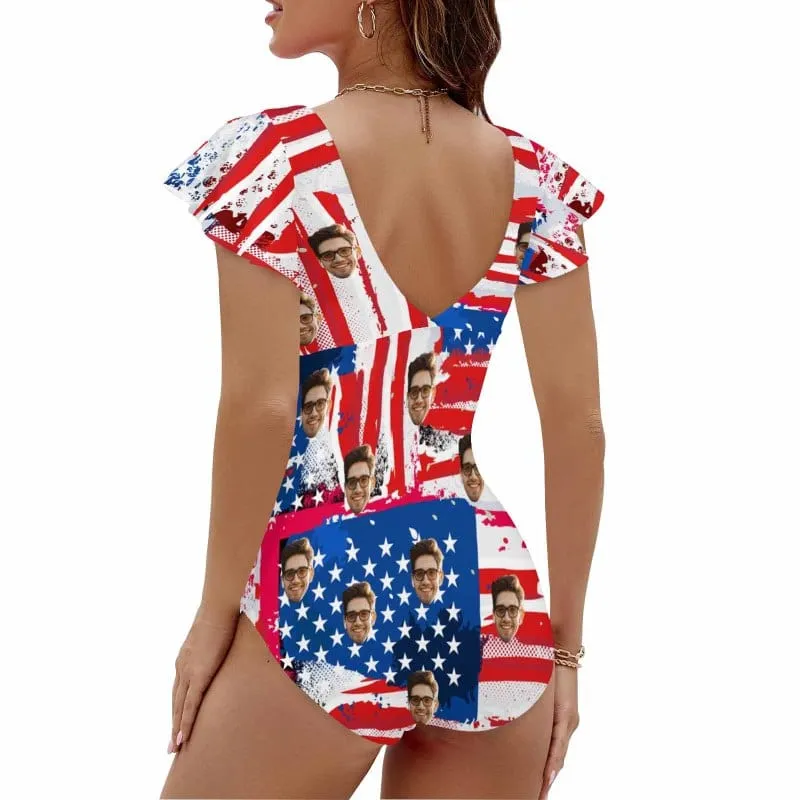 Custom Face Flag USA Women's Twist Front Ruffle Sleeve Swimsuit Face Bathing Suit