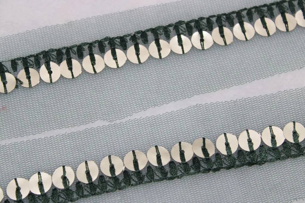 Dark Green Sequins Work Net Embroidered Border