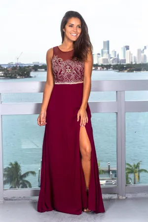 Deep Berry Embroidered Top Maxi Dress with Jewel Detail