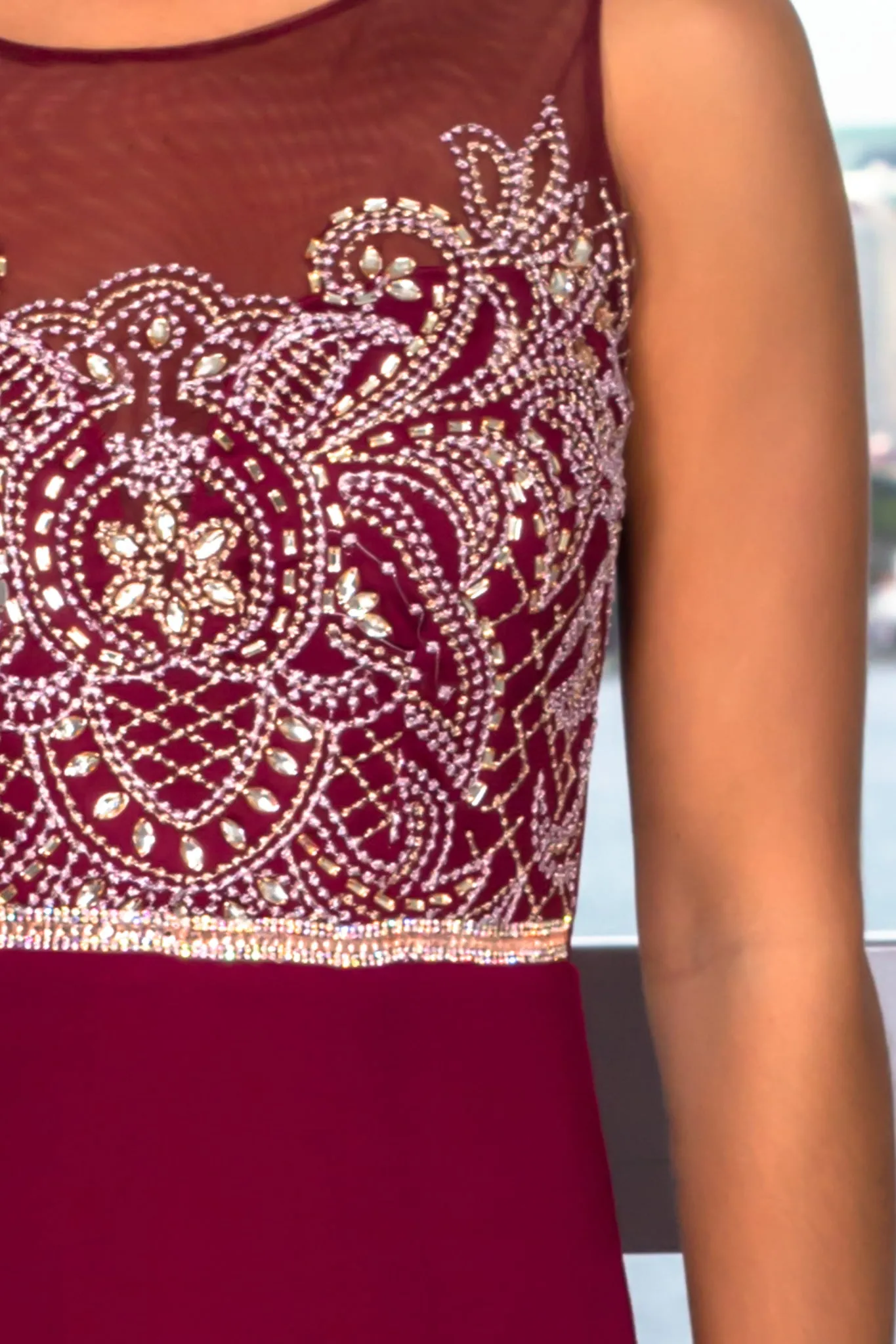 Deep Berry Embroidered Top Maxi Dress with Jewel Detail