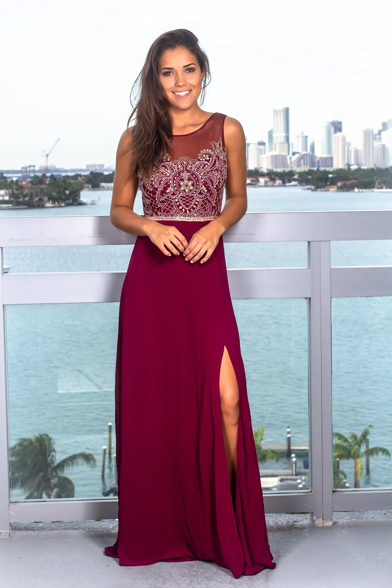 Deep Berry Embroidered Top Maxi Dress with Jewel Detail