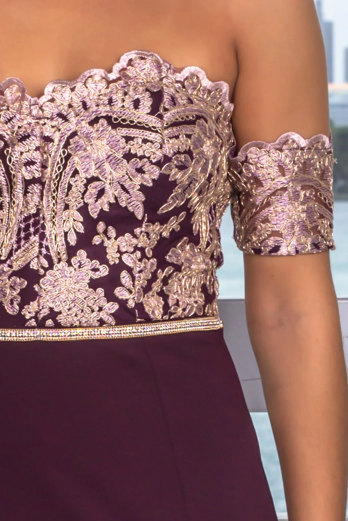 Deep Burgundy Embroidered Off Shoulder Maxi Dress with Jewel Detail