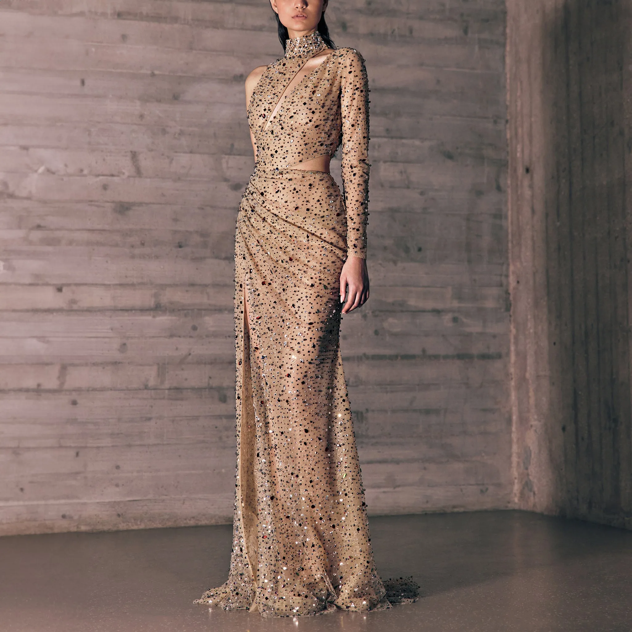 Draped Nude Asymmetric Dress