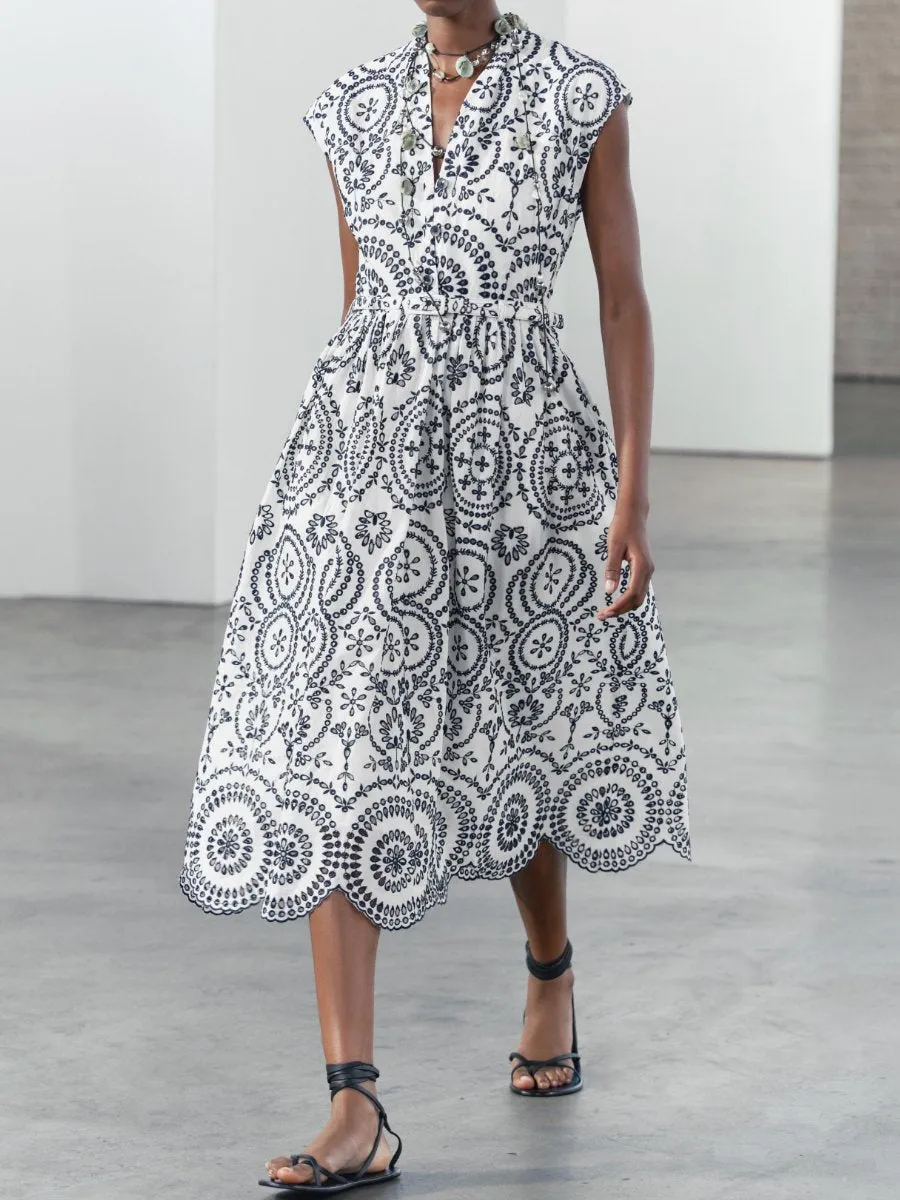 Embroidered Sleeveless V Neck Dress