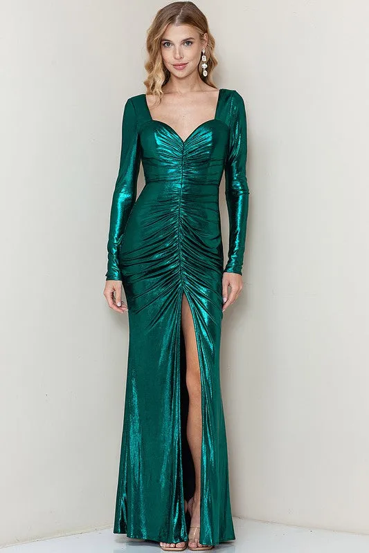 Emerald Metallic Long Sleeve Shirring Maxi Dress