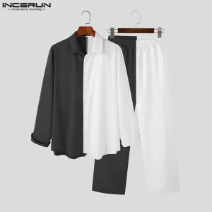 Fashion Men Sets Patchwork Streetwear Lapel Long Sleeve Button Shirt & Pants XL S4968623