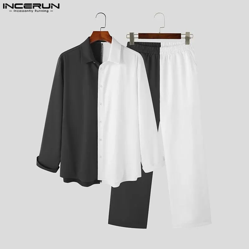 Fashion Men Sets Patchwork Streetwear Lapel Long Sleeve Button Shirt & Pants XL S4968623