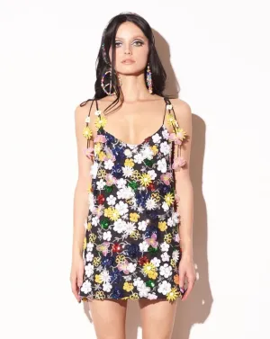 Floral Sequin Slip Dress - Black