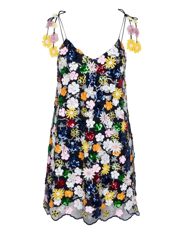 Floral Sequin Slip Dress - Black
