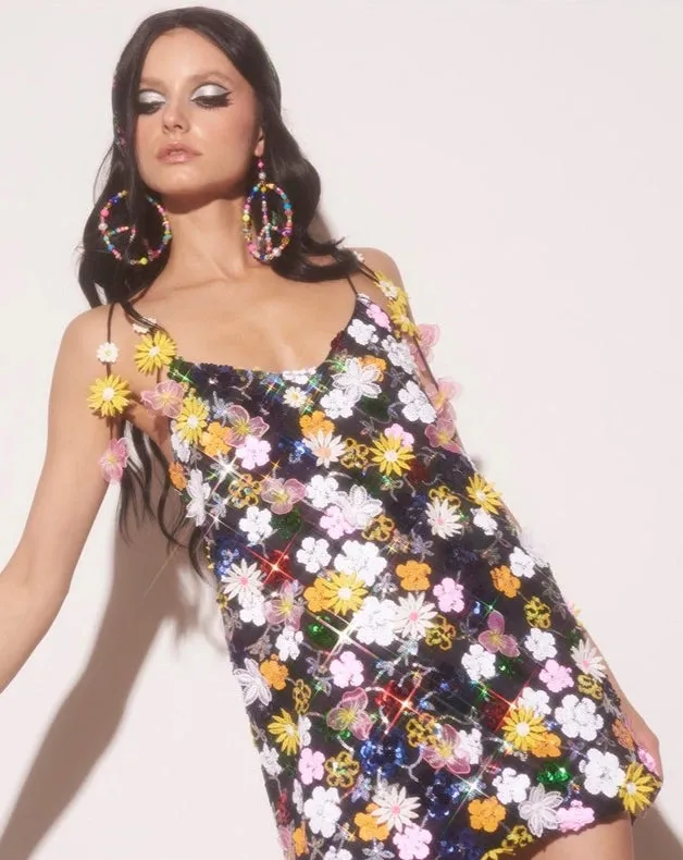 Floral Sequin Slip Dress - Black