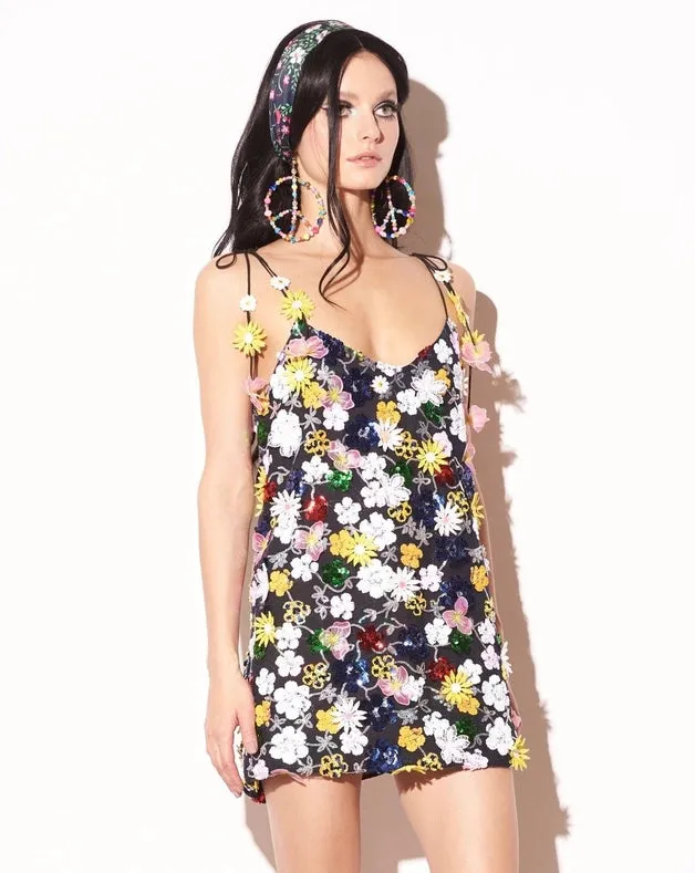 Floral Sequin Slip Dress - Black