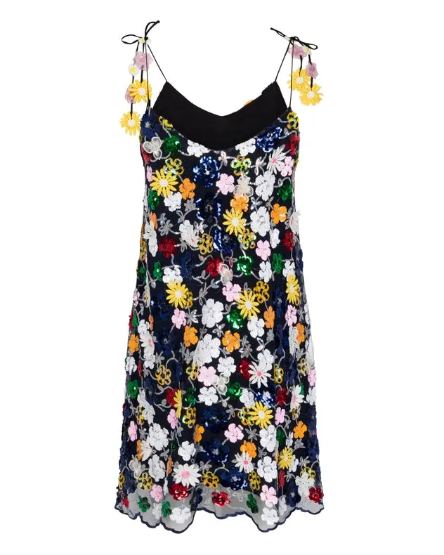 Floral Sequin Slip Dress - Black