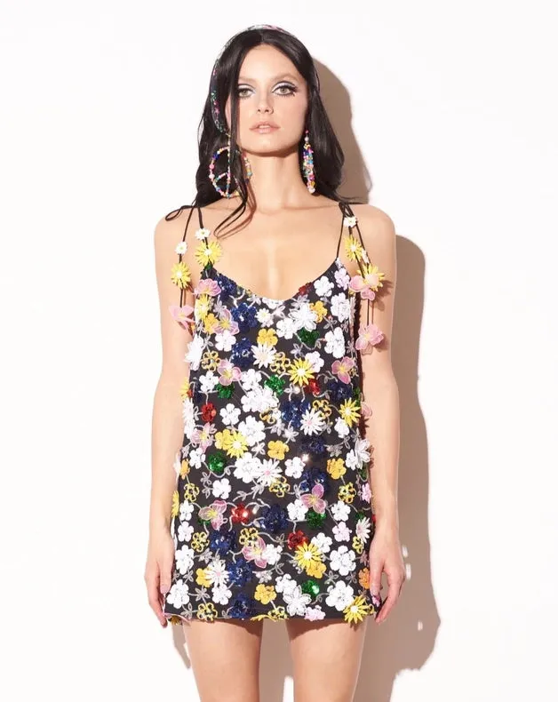 Floral Sequin Slip Dress - Black