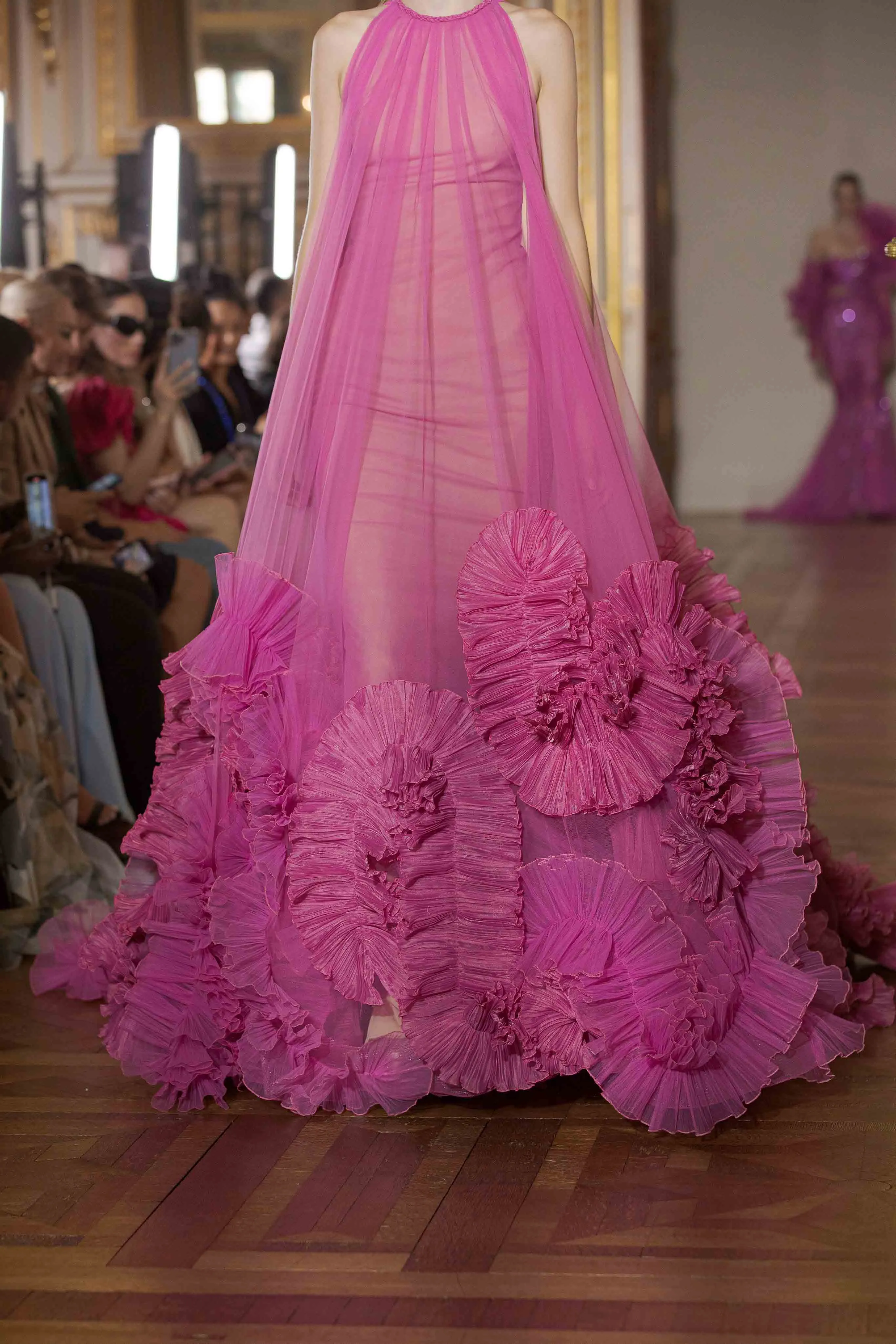 Flower Ruched Tulle Long Gowns