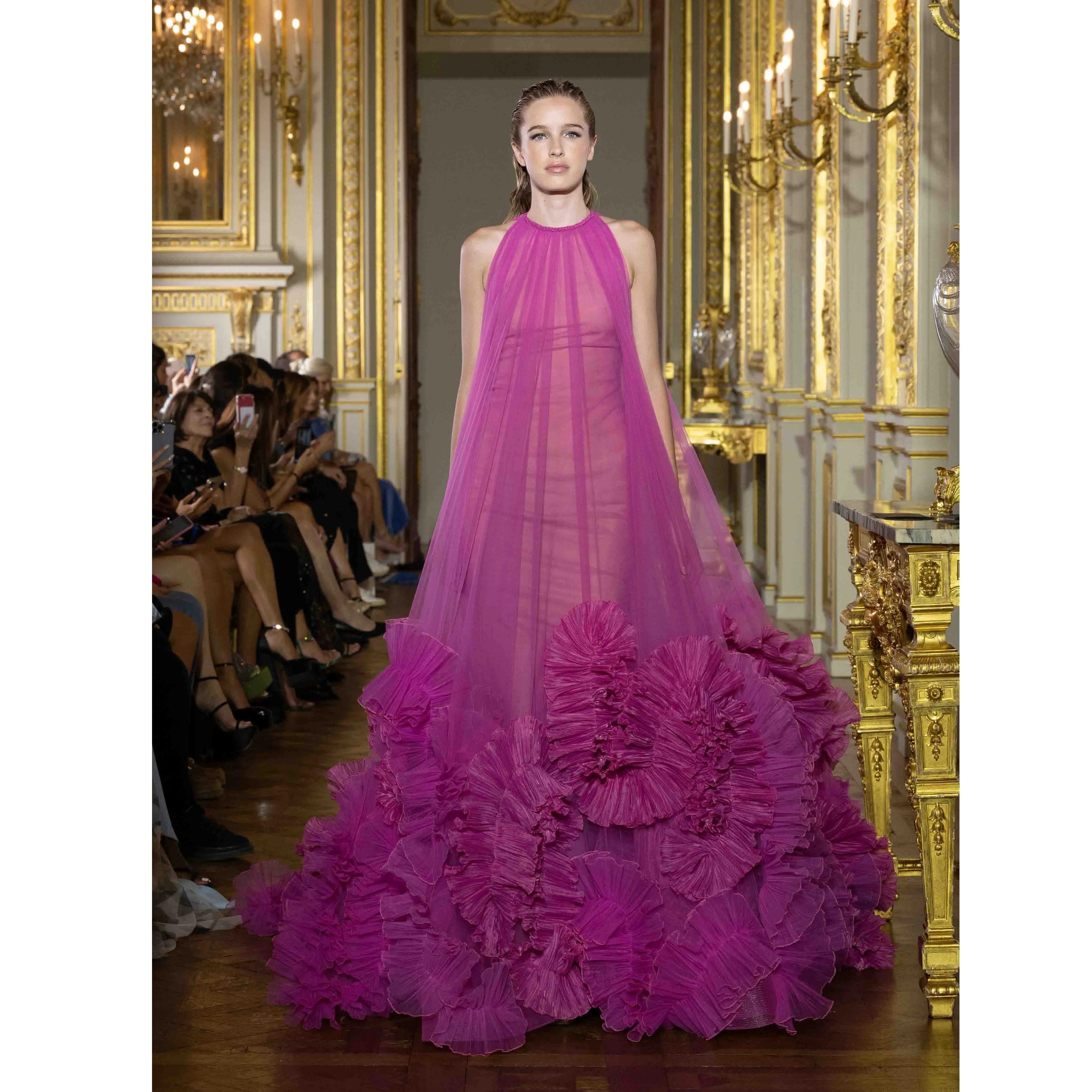 Flower Ruched Tulle Long Gowns