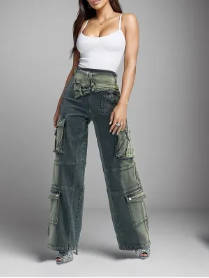 Fold Over Waist Denim Cargo Pants