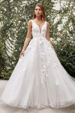 French White V Neck Embroidered Lace Embroidered Wedding Dress